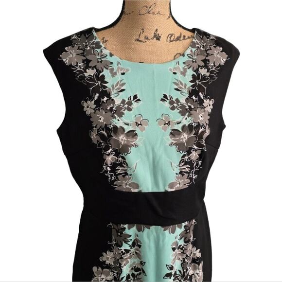 London Times Black and Aqua Color Block Floral Sheath Career Dress Size 10 - Picture 4 of 9